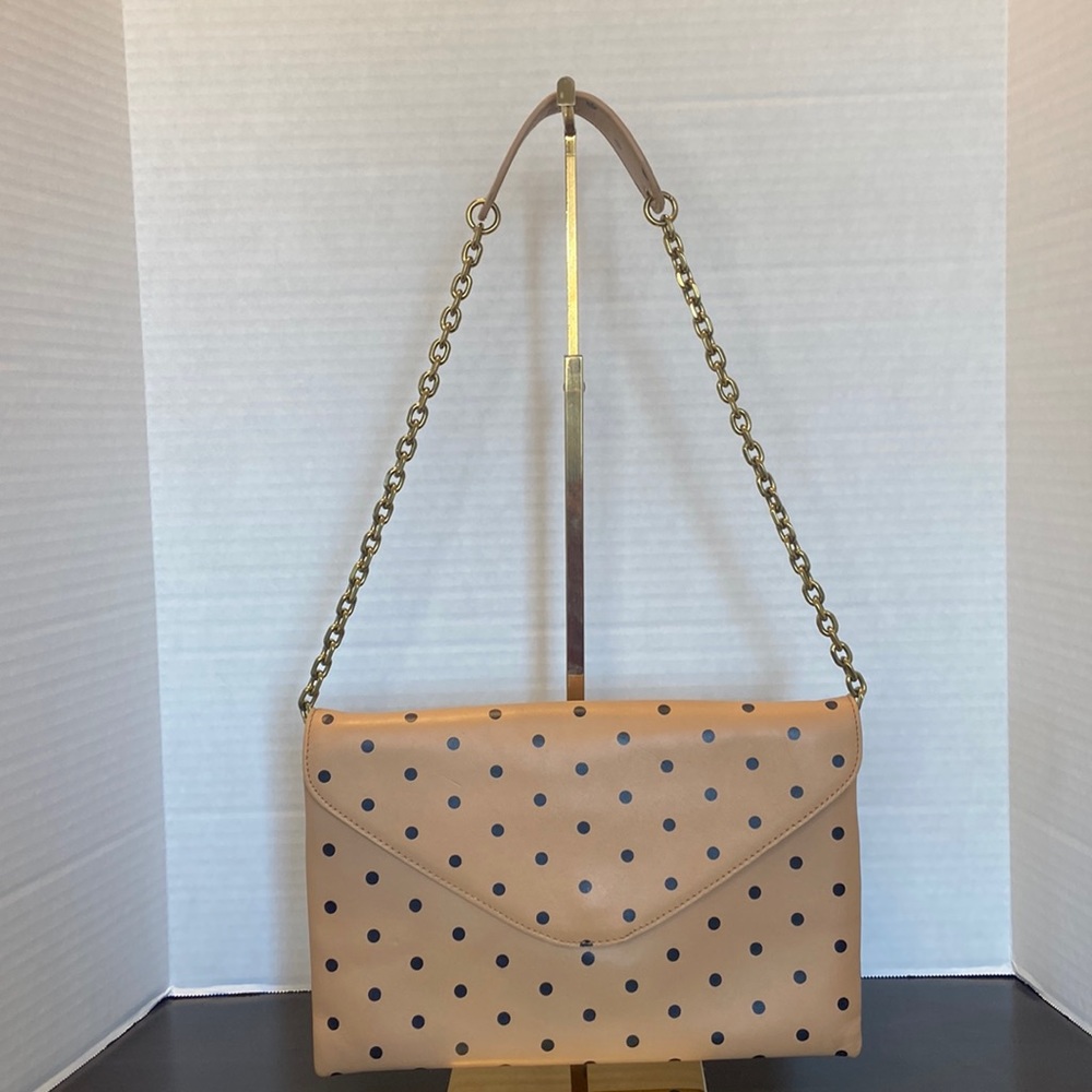 J Crew Handbag Brown Black Polka Dots Envelope Clutch Shoulder Chain